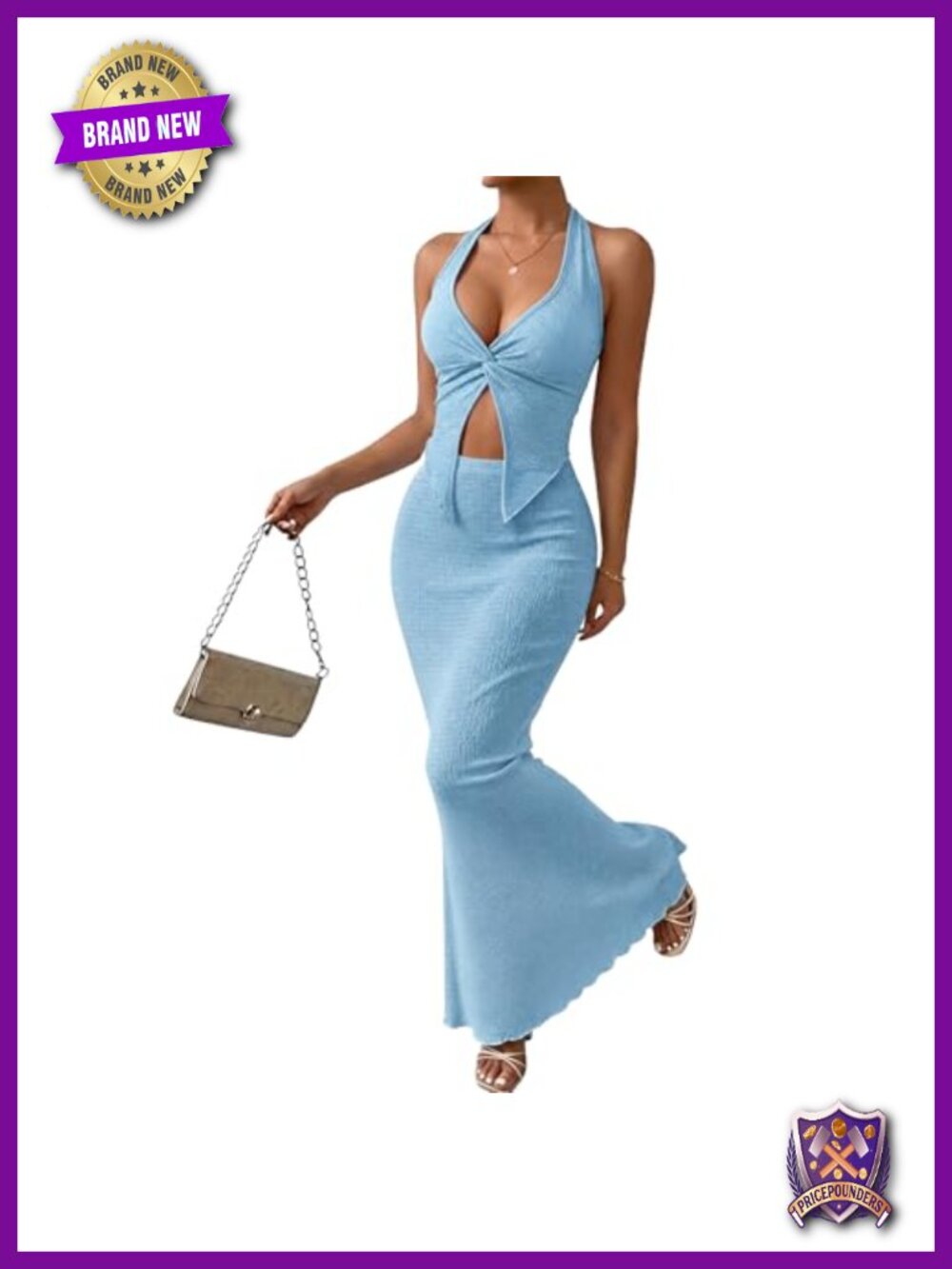 Two Piece Halter Cami Top and Fishtail Maxi Skirt Set Polyester Spandex